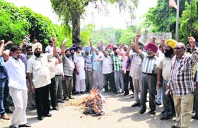 Employees of Punjab State Power Corporation Limited burn an effigy of the management in Ludhiana on Thursday