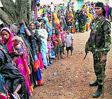 A queue outside a polling station in Bankura district. A turnout of over 60 per cent was recorded in the first phase of the West Bengal panchayat poll on Thursday