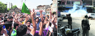 People gather outside Jamia Masjid after offering prayers and (right) CRPF personnel fire a teargas shell to disperse stone throwers in the Old City area of Srinagar on Friday. 