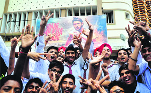Schoolchildren, who had gone to watch Bhaag Milkha Bhaag, in a cheerful mood. 