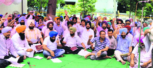 Members of the Revenue Patwar Union stage a protest at Mini-Secretariat in Ludhiana.