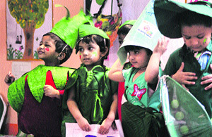 Students of Maple Bear Canadian Playway and Nursery School dressed as vegetables during a function in Ludhiana on Friday. 
