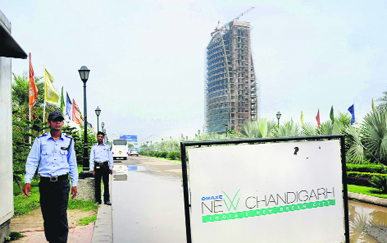 A high-rise tower coming up in the re-christened New Chandigarh along the Chandigarh-Baddi road in Mullanpur.