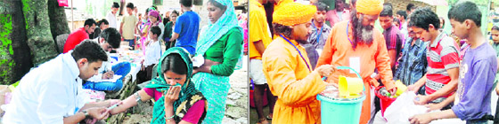 (Left) Volunteers of the Medical Service Centre of Socialist Unity Centre of India (Communist) provide health facilities to victims in Rudraprayag district; (right) Volunteers of Anand Marg give relief material to victims in Rudraprayag. 