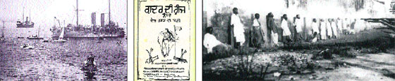 (From left) Kamagata Maru ship; the first edition of the newspaper "Gadar" published at San Francisco in 1913; the only live picture of the gunning down of the 36 Sikh Platoon in Singapore military revolt