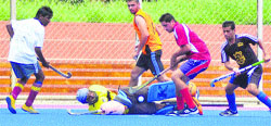Players in action during trials at the Hockey Stadium in the PAU. Tribune Photo: Himanshu Mahajan
