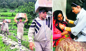 Volunteers of the Dera Sacha Sauda take relief material to remote villages of Rudraprayag districts on Sunday;and (right) a doctor examines a woman.