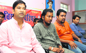 ABVP leader Rajeev Chauhan addresses mediapersons in Dehradun on Sunday.