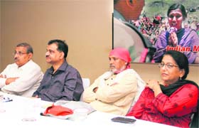 (From L) Pankaj Gupta, Rajendra Dobhal, Dr Anil Joshi and Madhulika Burman at the India Media Centre workshop on the Uttarakhand disaster in Dehradun on Sunday