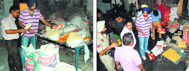 District Health Officer Dr Shiv Karan Singh Kahlon and his team collect samples during raids on a noodle factory; and (right) the petha manufacturing unit on the Batala road in Amritsar on Monday. 