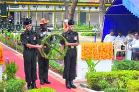 Remembering martyrs: A wreath was laid at the war memorial to mark the golden jubilee of the Raising Day of the Magnificent Seven Battalion, on Monday