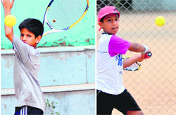 Pranav (left); and Kumar Mahismat in action during a tennis match at Mount Carmel School, Sector 47, in Chandigarh on Monday.