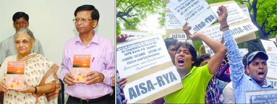 Chief Minister Sheila Dikshit releases a book written by Satpal (R), vice-chairman of the Hindi Academy, at a function in New Delhi on Monday; (right) Activists of AISA hold placards and shout slogans during a demonstration against the newly imposed criteria for Institute of Banking Personnel Selection, at Jantar Mantar in New Delhi on Monday.