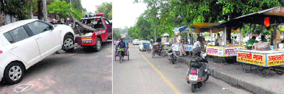 Traffic police personnel tow away a vehicle from a no-parking zone outside the DC Complex; and vendors (right) encroaching upon footpaths sell eatables inside the DC Complex in Jalandhar on Monday.