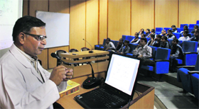 Dr Sanjeev Uppal speaks to students at a fire safety workshop at Dayanand Medical College and Hospital on Plastic Surgery Day in Ludhiana on Monday.