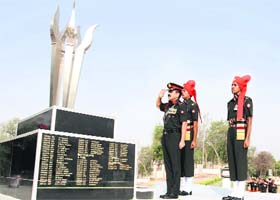 Saluting the heroes: Maj Gen NC Badhani, GOC, Amogh Division, at Shaurya Sthal on Monday