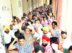 Members of the Ministerial Staff Association protest outside the Government Medical College in Amritsar on Tuesday. 