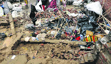 The collapsed shanty in Patiala where the two children were killed on Tuesday.