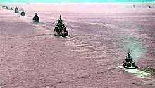 Russian Pacific Navy ships sail near the Sakhalin Island during military exercises on Tuesday. The manoeuvres in Siberia and the far eastern region involved 1.6 lakh troops and about 5,000 tanks  a massive show of force unprecedented since the Soviet times