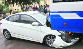 CLOSE SHAVE: The occupants of a car had a providential escape after it crashed into a mini-bus at the road dividing Sectors 31 and 32 in Chandigarh on Wednesday