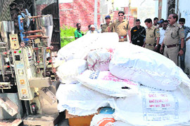 Policemen during a raid on a factory at Roorkee in Haridwar on Wednesday
