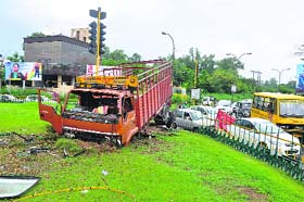 Wrong turn: A truck rams into the railing of a rotary at Panama Chowk in Jammu on Wednesday