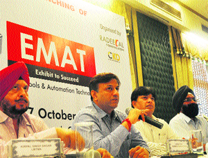 Members of Ludhiana Machine Tool Association address a press conference regarding the exhibition on Wednesday. 