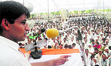 MP Deepender Hooda addresses a public meeting in Mandi Adampur in Hisar on Wednesday