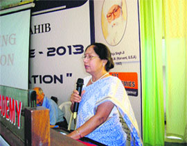 Meenakshi Chhabra, Principal of Sugni Devi Arya Girls Senior Secondary School, Ladwa, addresses a two-day Global Conference-2013, which concluded at Akal Academy of Eternal University, Baru Sahib, in Himachal Pradesh. 