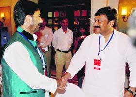 Union Tourism Minister K Chiranjeevi meets Jammu and Kashmir Tourism Minister Ghulam Ahmad Mir during the inauguration of the National Conference of the Tourism Ministers of States/UTs in New Delhi on Thursday