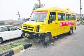 A school bus that met with an accident on Hambran Road in Ludhiana