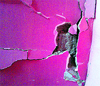 Cracks appear on the wall of an adjoining house at the Milk Colony, Dhanas, during a demolition drive on Friday