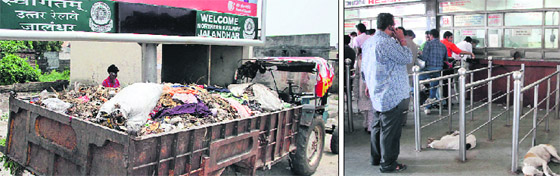 A trolley with garbage parked at the entrance to the Jalandhar railway station; and (right) Stray dogs at the ticket reservation counter in Jalandhar. 