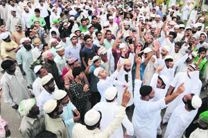 People stage protest over the Ramban killing in Reasi on Friday.