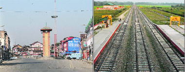 The Lal Chowk wears a deserted look on Friday; (right) the railway track at Awantipora, with rail services suspended.