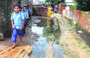 Students cross a puddle on their way to school at Padao village in Rajpura on Friday.