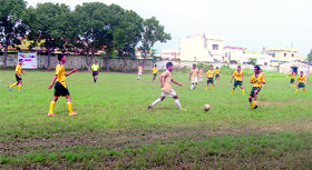 A match of the Hemwati Nandan Bahuguna Memorial Football Tournament played at the Marshall School ground at Jogiwala in Dehradun on Friday.