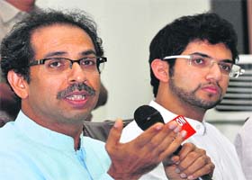 Shiv Sena chief Uddhav Thackeray with son Aditya Thackeray in New Delhi on Saturday