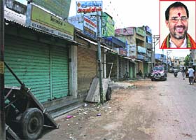 Shops remain closed in Salem on Saturday, a day after the murder of BJPs Tamil Nadu unit general secretary V. Ramesh (inset)