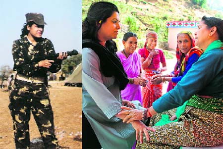 Anupama Joshi (left) in her IAF uniform. (Right) With rural women as CEO of Dehradun-based Sahastradhar Kshetriya Grameen Financial Services 