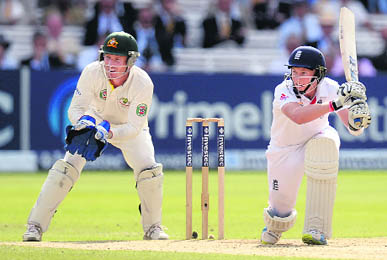 Centurion Joe Root plays a shot during the third day of the second Ashes Test at Lord's in London. 
