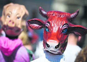 A man dressed in cow costume protests against the consumption of animal products at the third Veggie Parade in Berlin on Saturday