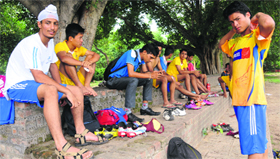 Players rest during the Bajaj Allianz Soccer Talent Hunt at Football Stadium, Sector 17, in Chandigarh on Sunday.