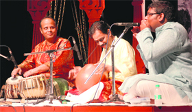 Tabla player Sudhir Pandey (left) performs on the concluding day of a cultural event at Punjab Kala Bhawan in Sector 16, Chandigarh, on Sunday.