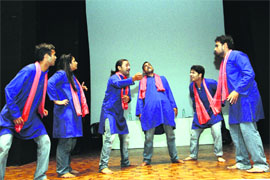 Dhaad activits stage a play on the flood disaster at the Dehradun Municipal Corporation auditorium on Saturday.