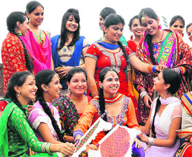Students of INIFD dressed up traditionally for Teej celebrations in Jalandhar.