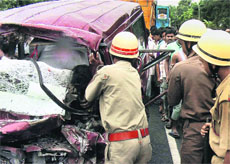 The mangled remains of a vehicle involved in an accident that killed seven policemen in Managuri, near Jalpaiguri, on Sunday.