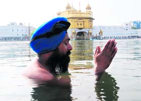 Holy dip: A Sikh devotee takes a dip in the Golden Temple 'sarovar' on the occasion of Miri Piri Divas, in Amritsar on Sunday