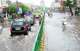 An inundated Mall Road in Bathinda following rain in the wee hours on Monday