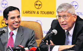 L&T Managing Director and CEO K Venkataramanan with CFO R. Shankar Raman (L) at a press conference in Mumbai on Monday.